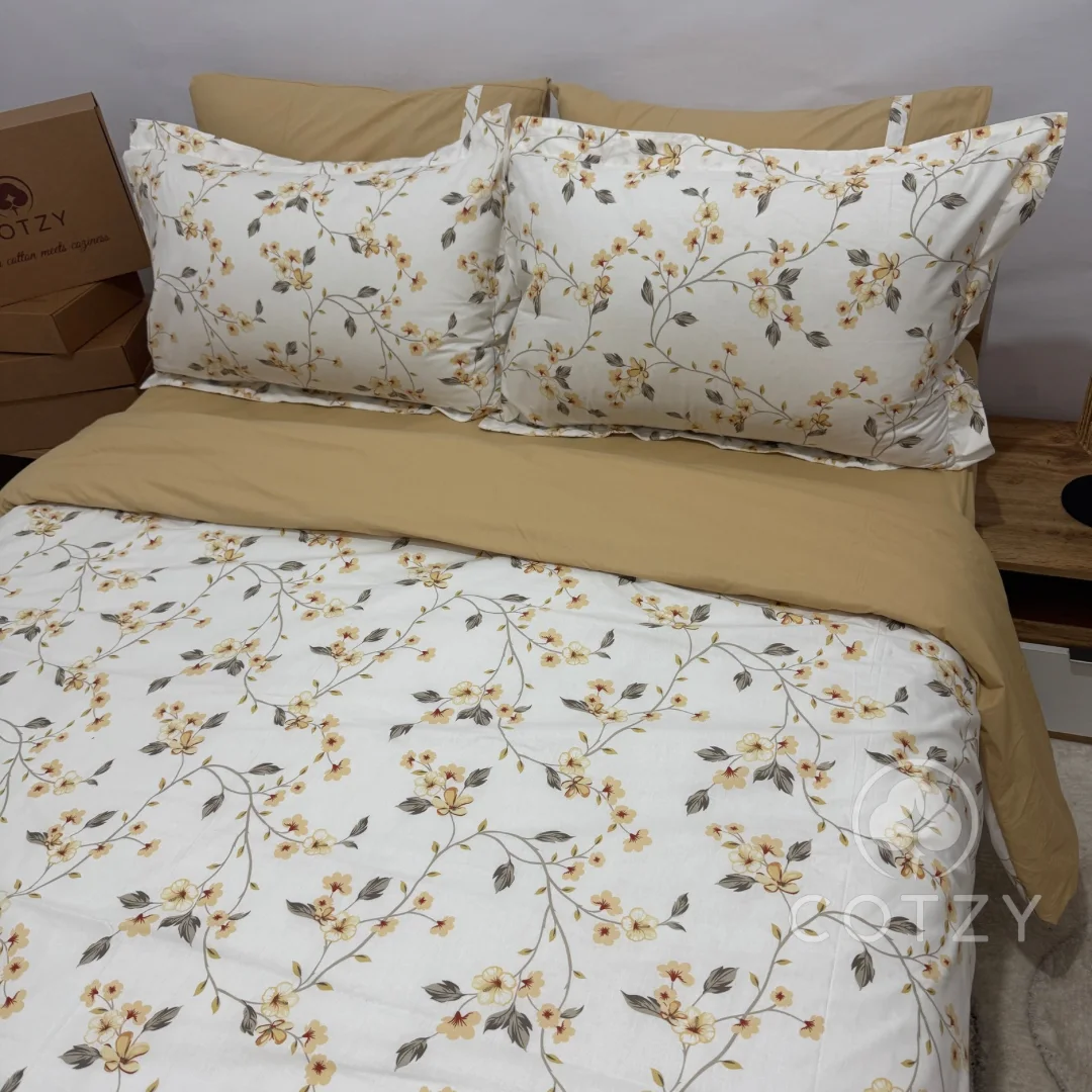 Parure housse de couette "Golden Bloom" 100% coton Oeko-Tex - 2 places