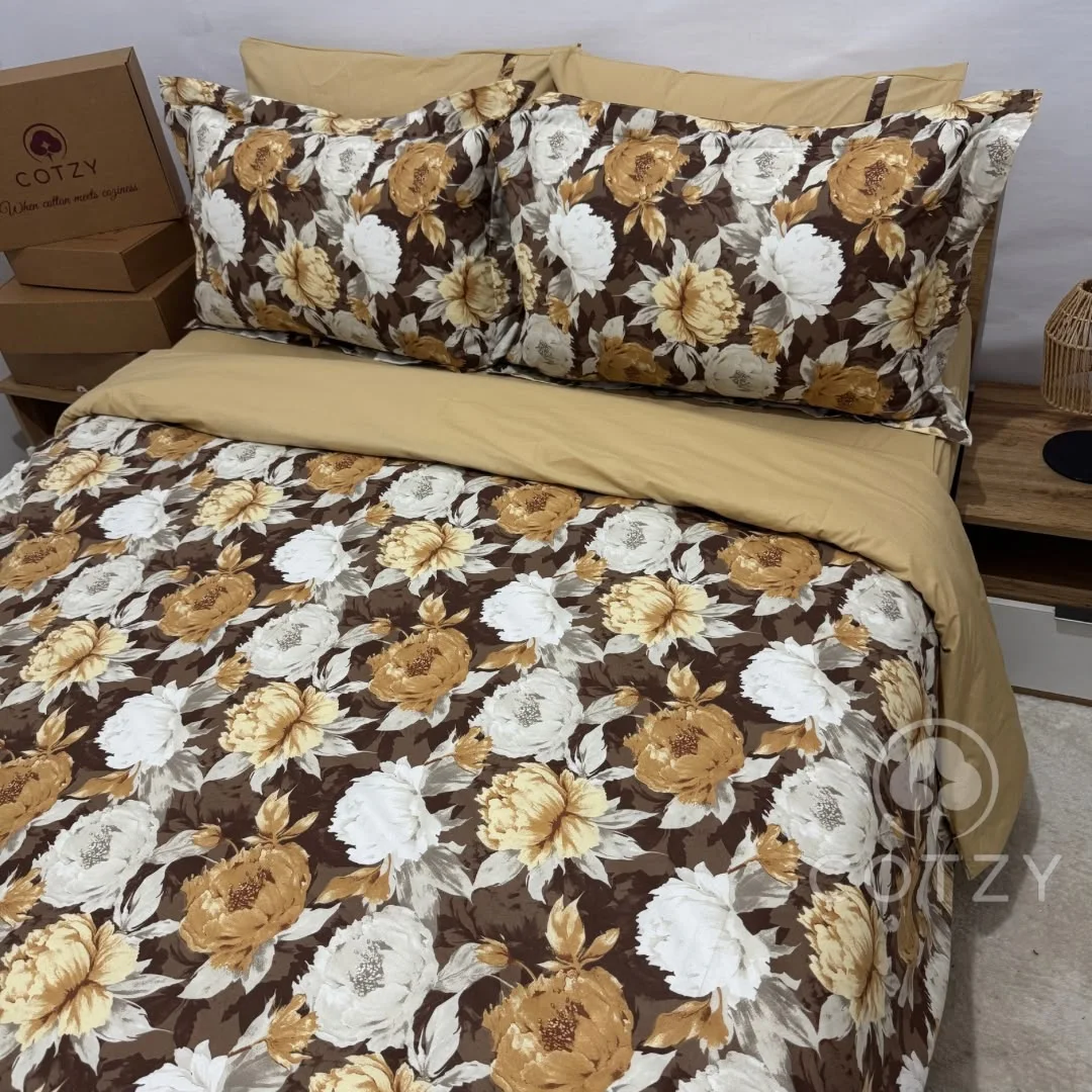 Parure housse de couette "Brown Garden" 100% coton Oeko-Tex - 2 places