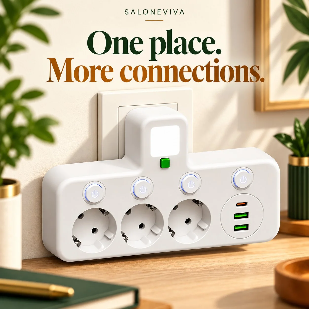 EU 3-Socket Wall Adapter with USB-A & USB-C
