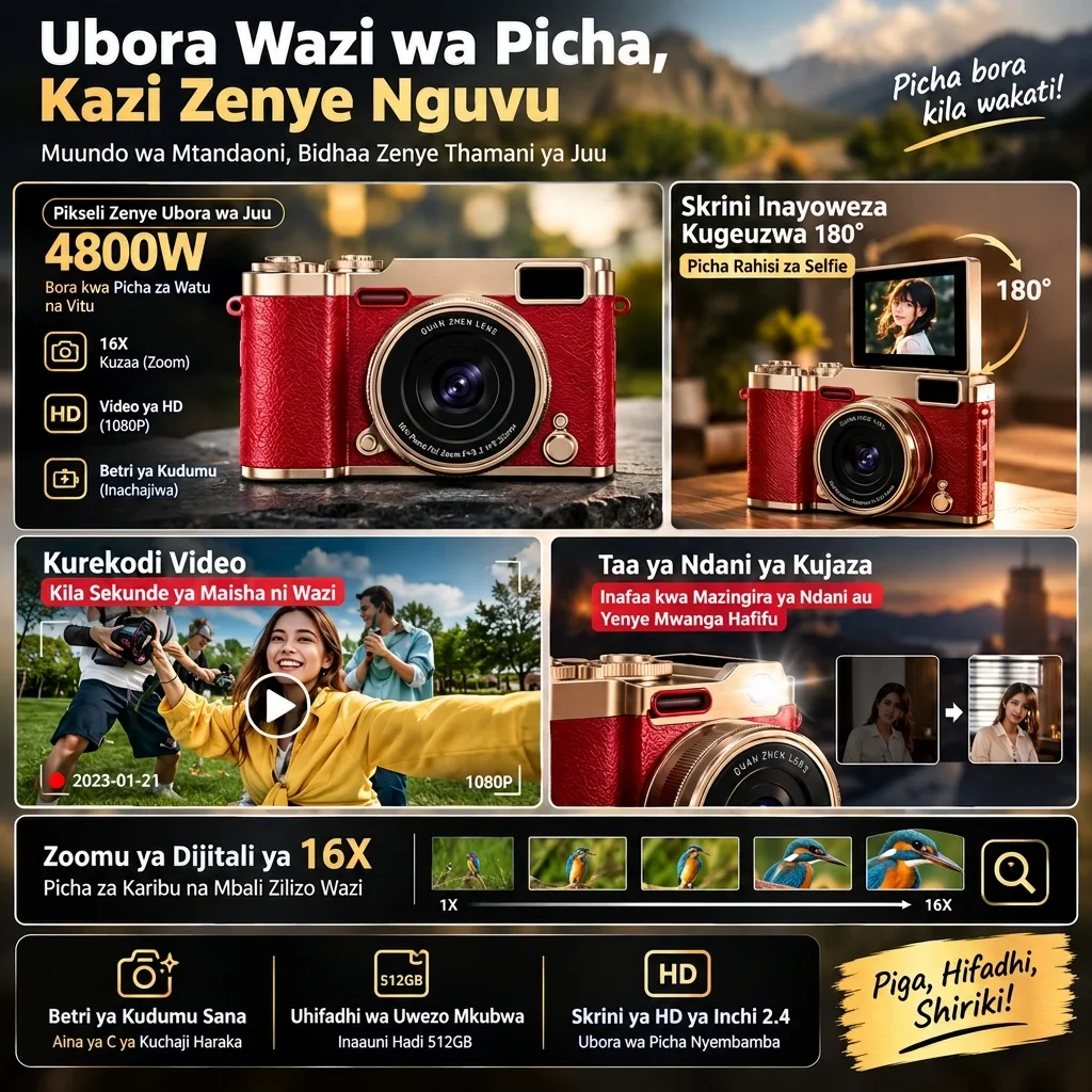 📦 Kifurushi kinajumuisha: Kamera, kadi ya kumbukumbu yenye kasi ya juu, kisomaji cha kadi ya kumbukumbu, na adapta — kwa bei ya 5999 KES
