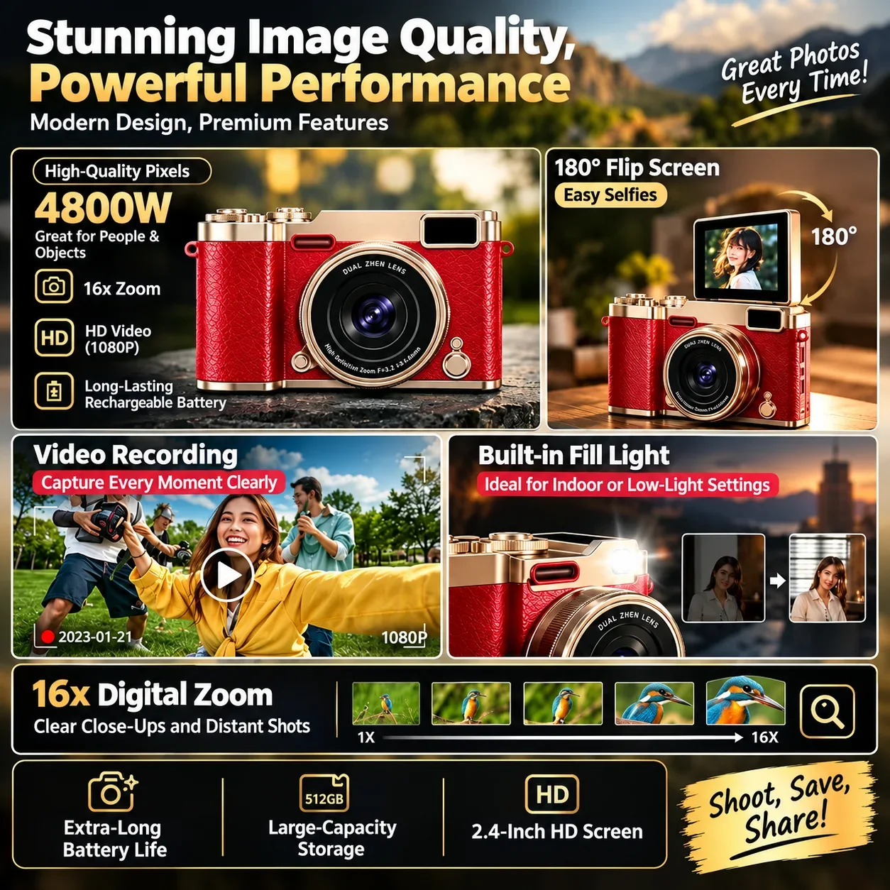 Flip-Screen Digital Camera – 16X Zoom, HD Video & 180° Selfie Screen | Only 200,699UGX