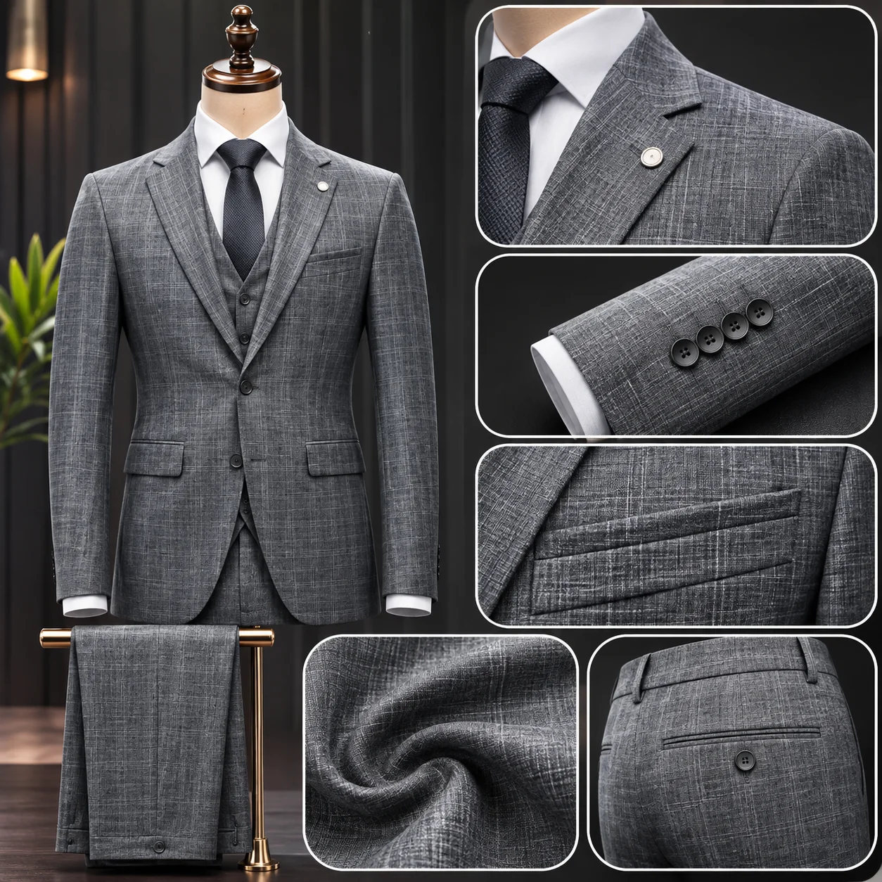 COSTUME 3 PIECES CARREAUX GRIS CLAIRE