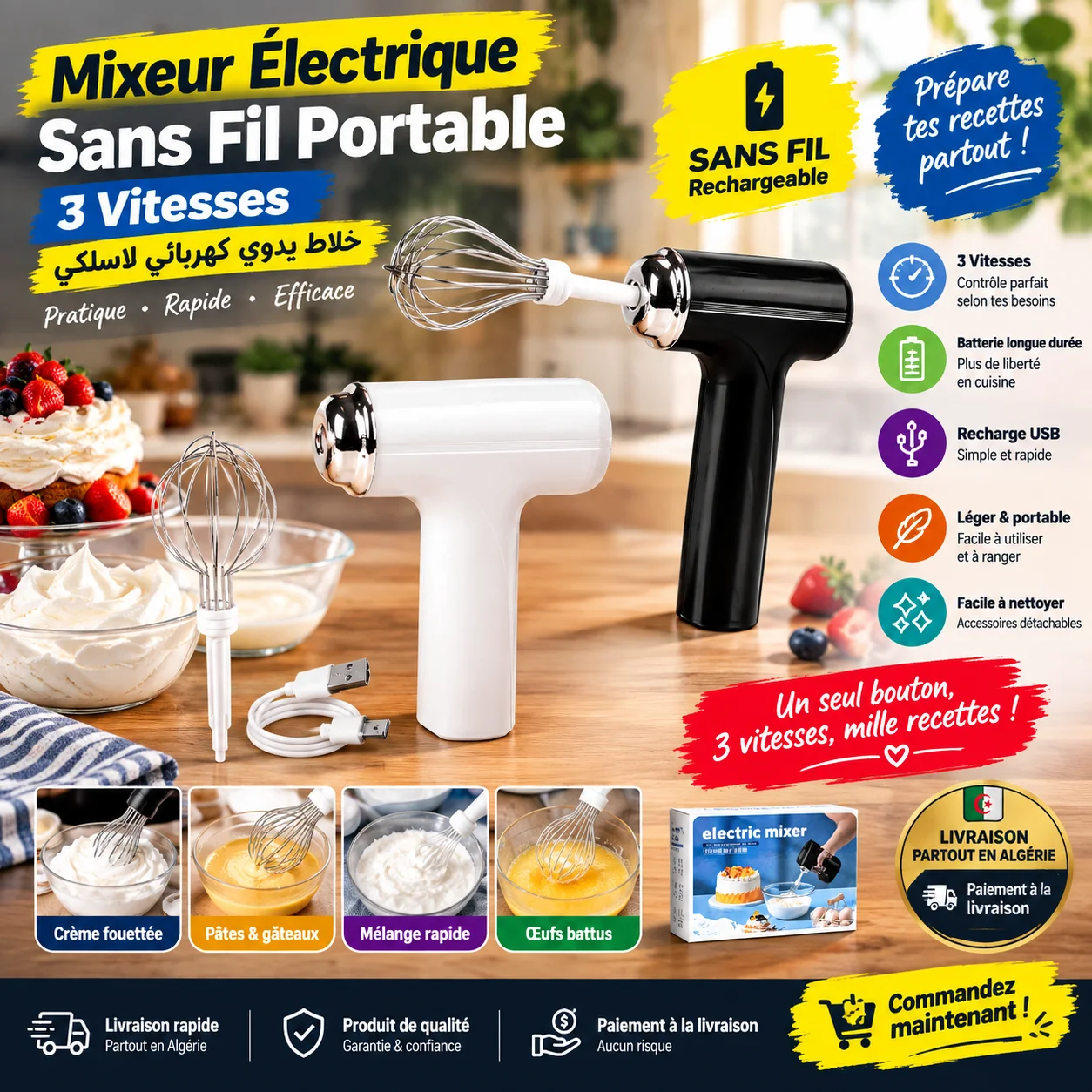 Mixeur كهربائي لاسلكي 🔋 3 سرعات + مضارب قابلة للتبديل — سهّل تحضيراتك واطلب الآن! الدفع عند الاستلام 🚚