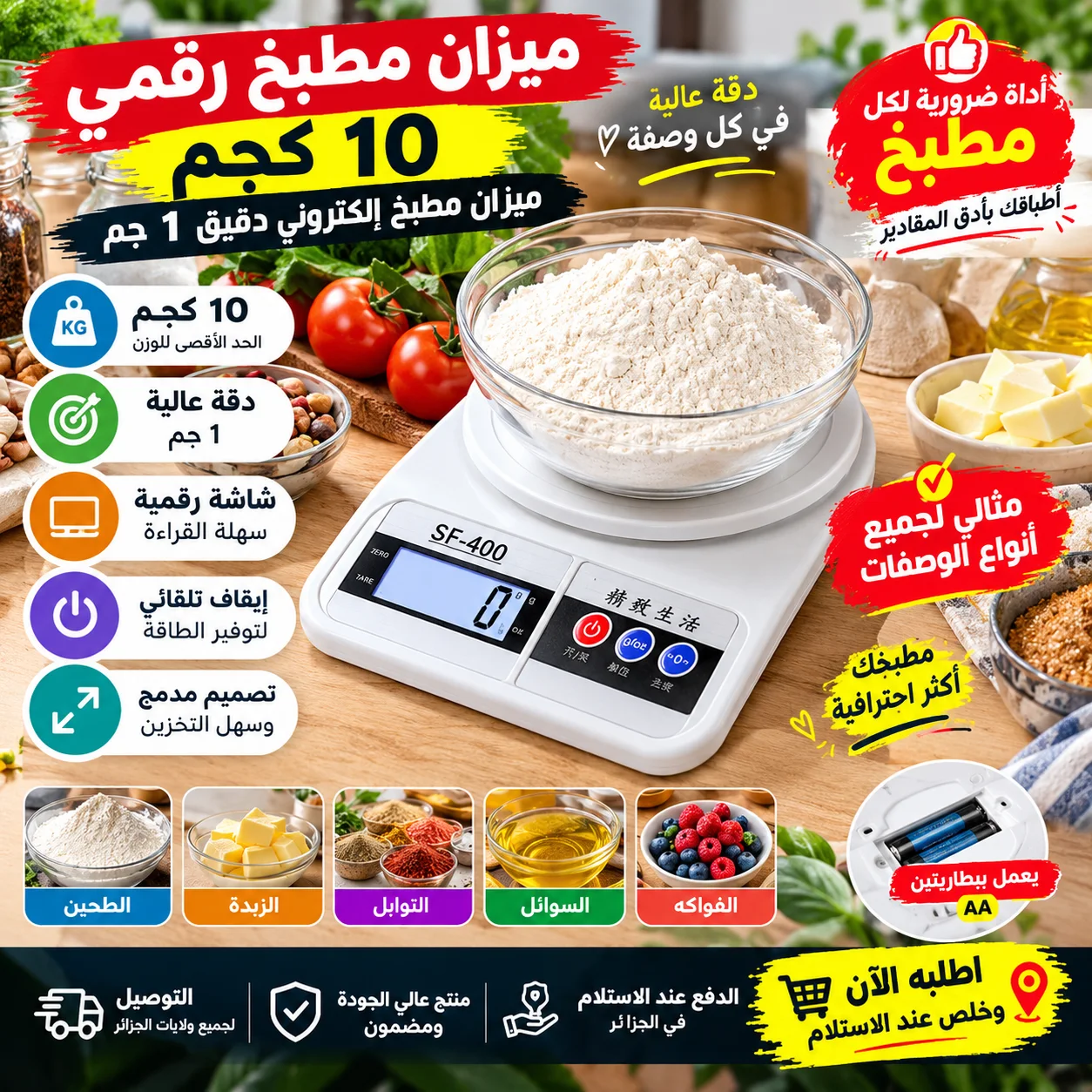 ميزان مطبخ رقمي ⚖️ دقة 1g + وزن حتى 10kg — قِس مكوناتك بدقة واطلب الآن! الدفع عند الاستلام 🚚