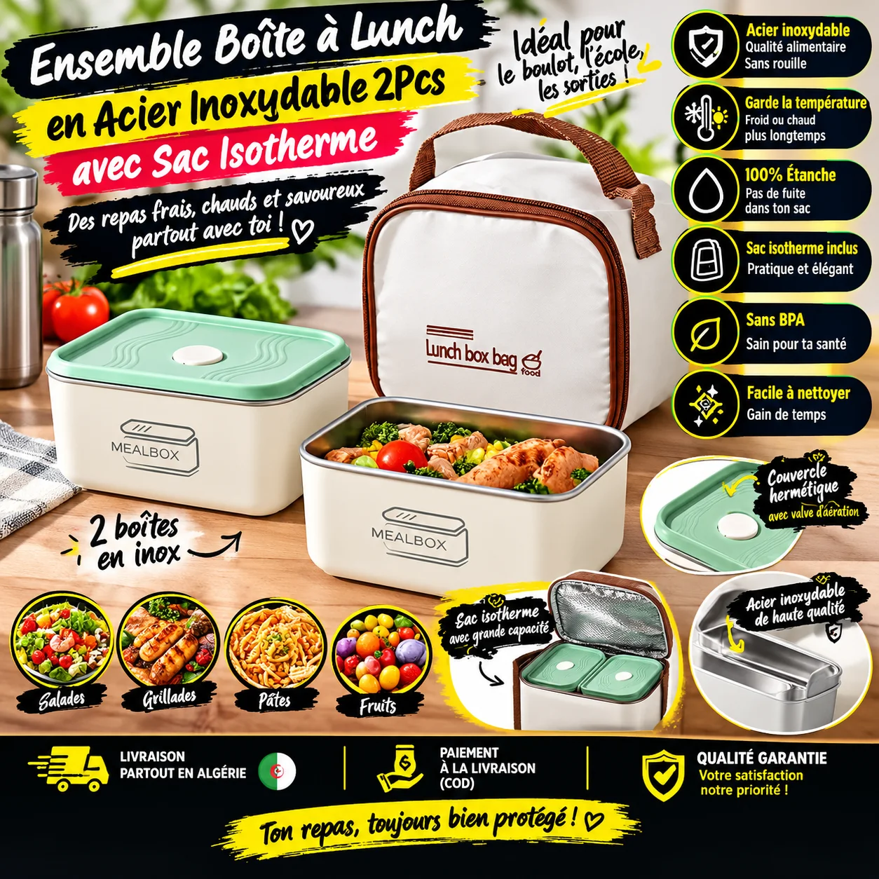 طقم Lunch Box إينوكس 2×1 🥗 + حقيبة حرارية عازلة — حضّر وجبتك وخذها معاك! اطلب الآن والدفع عند الاستلام