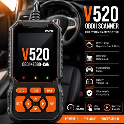 جهاز قراءة رموز أعطال السيارات OBD2 V520، يدعم اللغتين الفرنسية والإنجليزية، يعمل كماسح ضوئي للسيارات وأداة لتشخيص نظام المحرك، ومناسب للاستخدام مع جميع المركبات المزودة بهذا النظام.