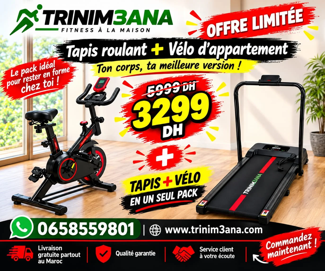PACK FITNESS COMPLET – Vélo Spinning + Tapis de Course X-MOVE 12 KM/H