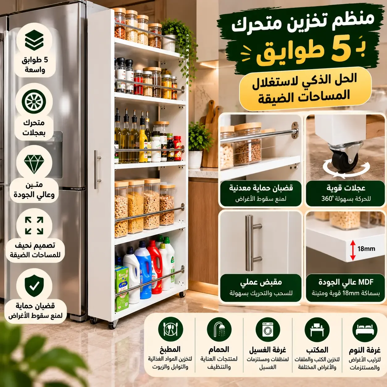 منظم جنب الثلاجة بـ5 طوابق - حل عملي للمطبخ والحمام والمساحات الصغيرة (المنتج كيجي مفكك)
