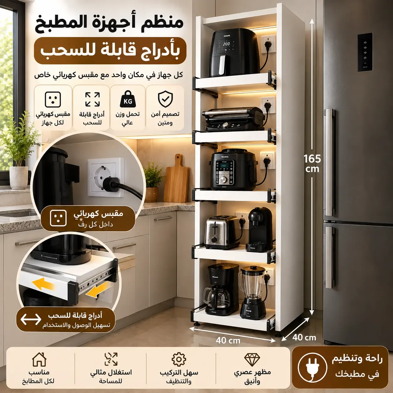 منظم أجهزة المطبخ ب 5 أرفف قابلة للسحب ( بدون باب)، كيجي ببريزات لكل رف