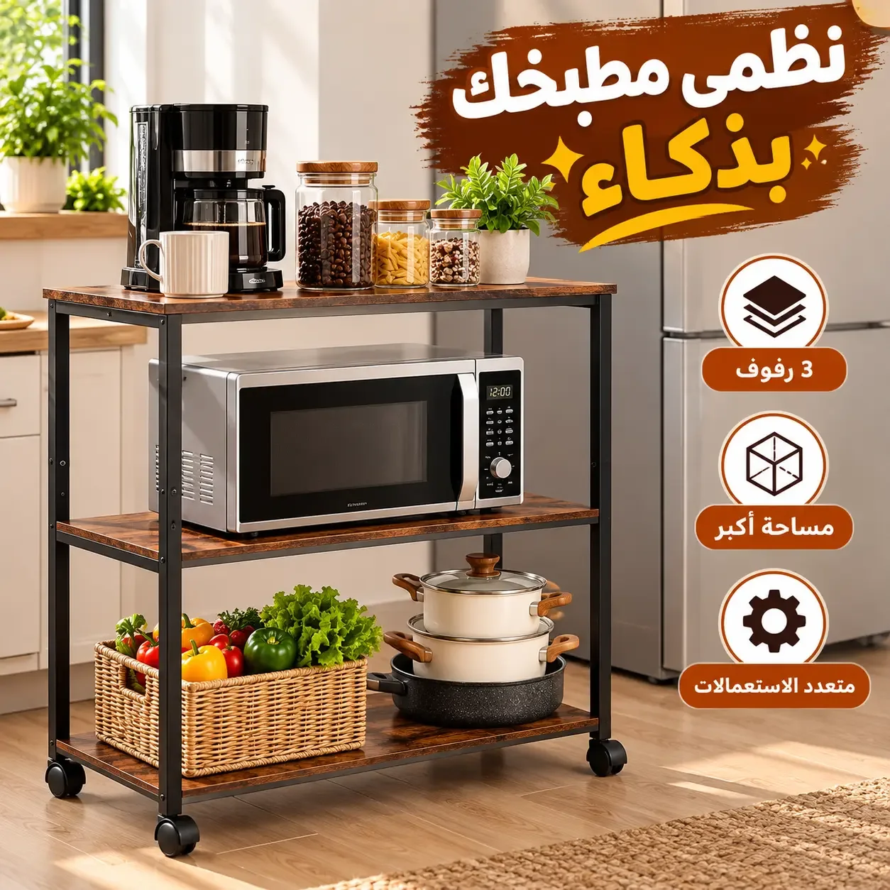 عربة ومنظم مطبخ متعددة الاستعمالات بـ3 رفوف وعجلات 360° – حمولة 55 كيلو