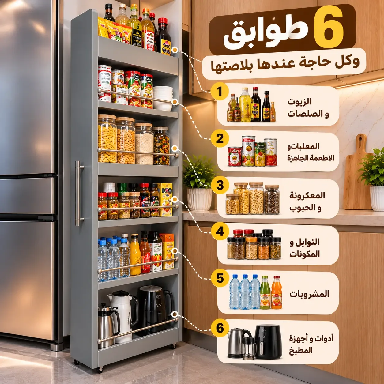 منظم جنب الثلاجة بـ6 طوابق - حل عملي للمطبخ والحمام والمساحات الصغيرة(المنتج كيجي مفكك)