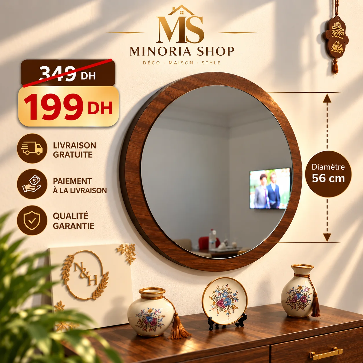 miroir circle noyer
