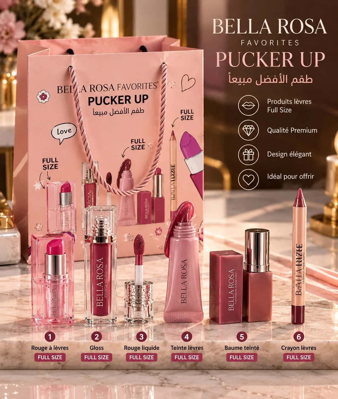 💄 Bella Rosa Pucker Up &ndash; Coffret L&egrave;vres Complet | 6 Produits Beaut&eacute; �
