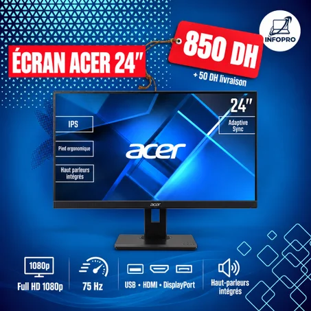 Écran Acer 24″ IPS Full HD 75 Hz – Haut-parleurs intégrés, HDMI, DisplayPort et USB