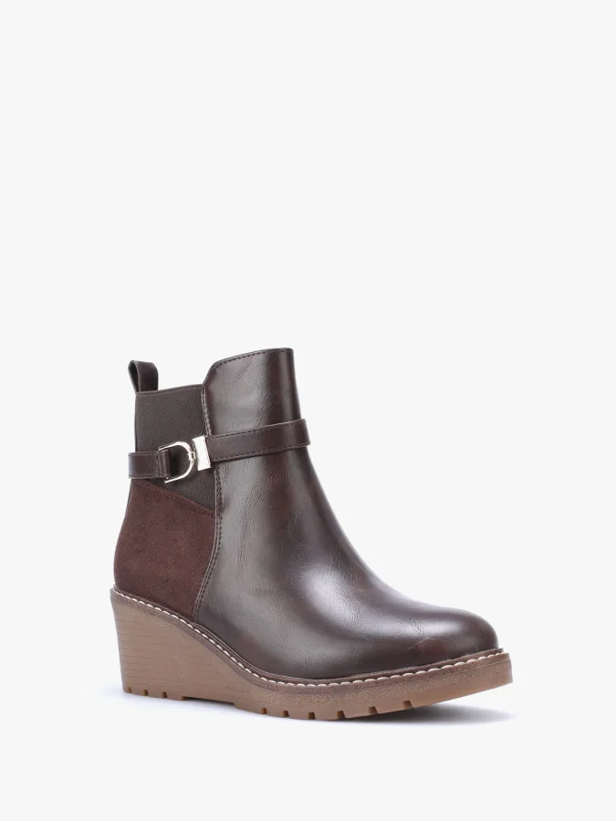Bottines bi-matières à talon compensé  - Marron (ref870)