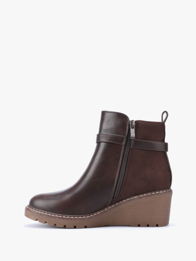 Bottines bi-matières à talon compensé  - Marron (ref870)