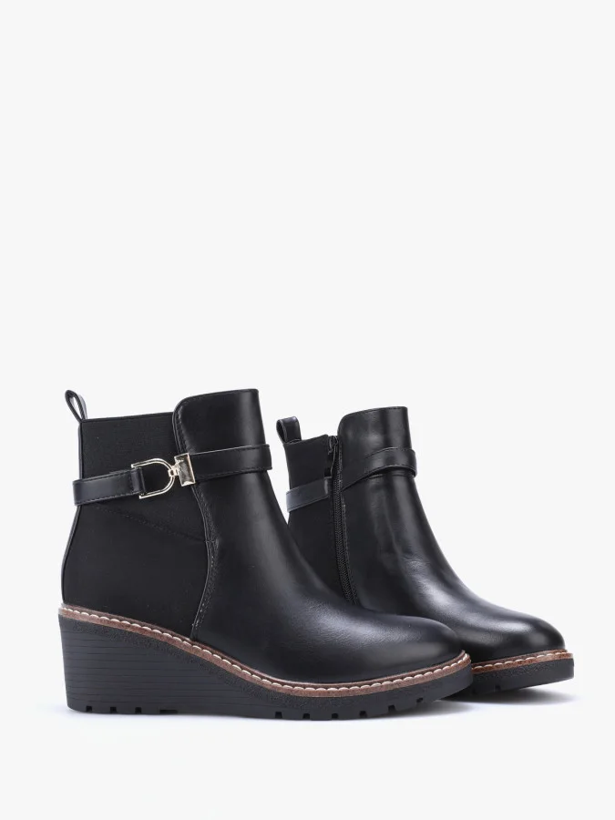 Bottines bi-matières à talon compensé - Noir (ref870)
