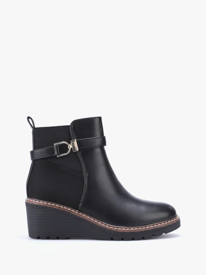Bottines bi-matières à talon compensé - Noir (ref870)