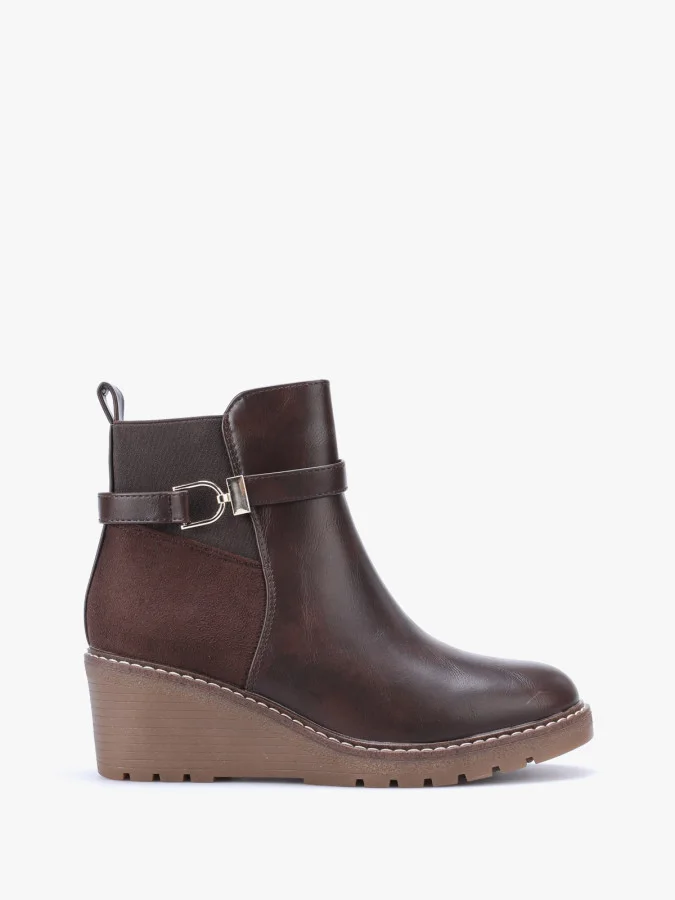 Bottines bi-matières à talon compensé  - Marron (ref870)