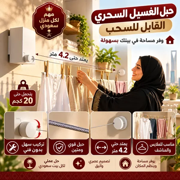 حبل غسيل جداري يمتد حتى 4.2 متر – موفر للمساحة وسهل التركيب