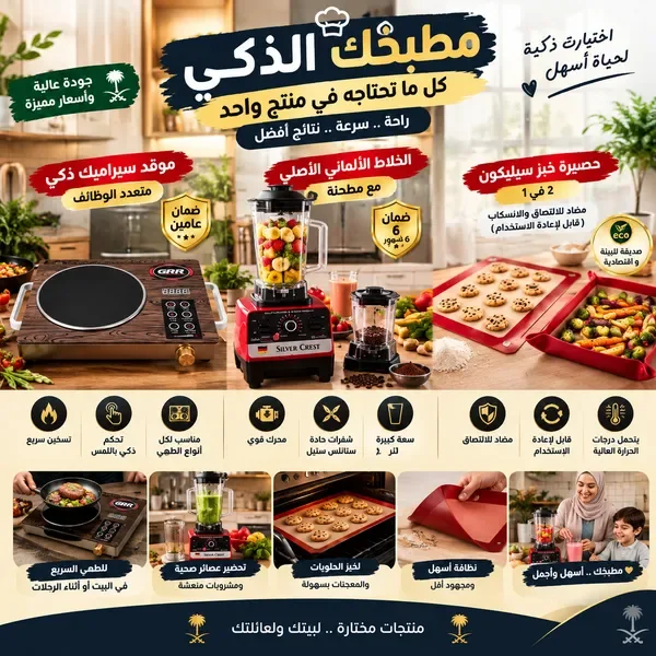 باقة مطبخي الذكي(موقد سيراميك ذكي متعدد الوظائف بضمان عامين+• الخلاط الألماني الأصلي مع مطحنة بضمان 6 شهور+حصيرة خبز سيليكون 2 في 1 مضاد للالتصاق والانسكاب (قابل لإعادة الاستخدام)