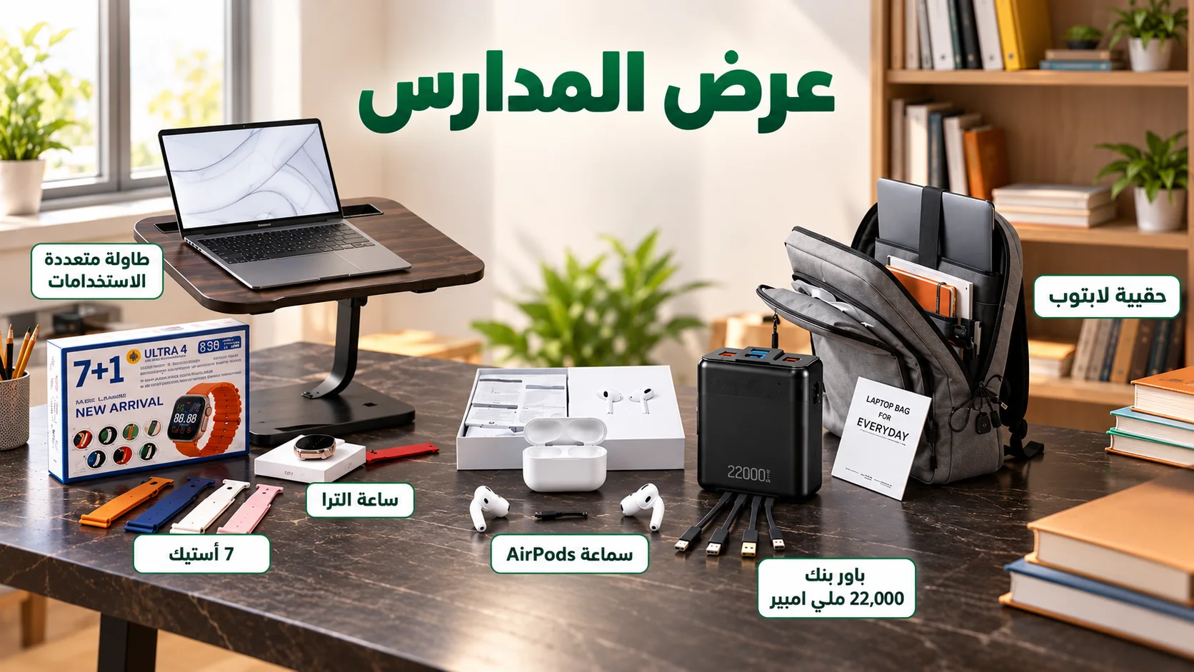 عرض المدارس ( طاولة متعددة الاستخدامات + حقيبة لابتوب + باور بنك 22,000 ميللي امبيري + سماعة airpods + ساعة الترا + 7 أستيك