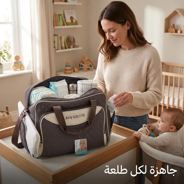 حقيبة ظهر كبيرة السعة للأم والطفل مصنوعة من البوليستر مع مساحة تخزين مدمجة لحفاضات الأطفال