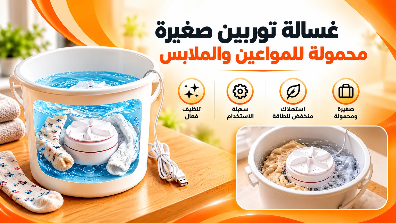غسالة توربين صغيرة محمولة للمواعين والملابس