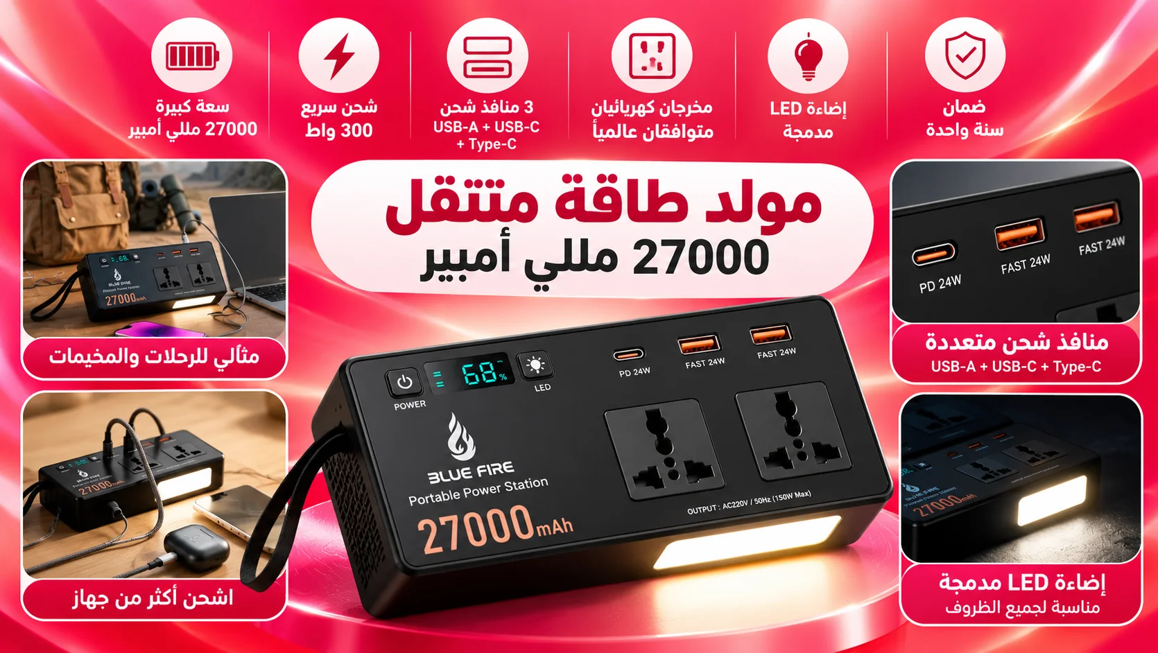 مولد طاقة متنقل 27000 مللي أمبير | اشحن لابتوبك وأجهزتك في أي مكان | شحن سريع | رفيقك الأول في السفر والرحلات