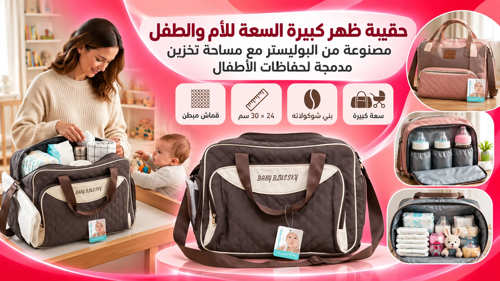 حقيبة ظهر كبيرة السعة للأم والطفل مصنوعة من البوليستر مع مساحة تخزين مدمجة لحفاضات الأطفال