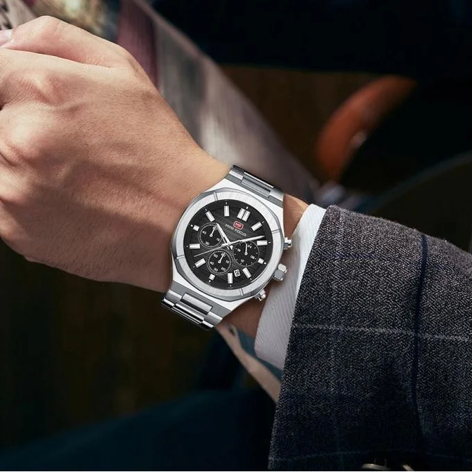 Montre Homme Luxe Chronographe 0612 Cadran Noir Bracelet Acier Inoxydable