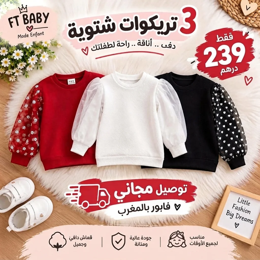 باك 3 تريكوات شتوية للبنات – FT BABY 🤍🖤❤️
