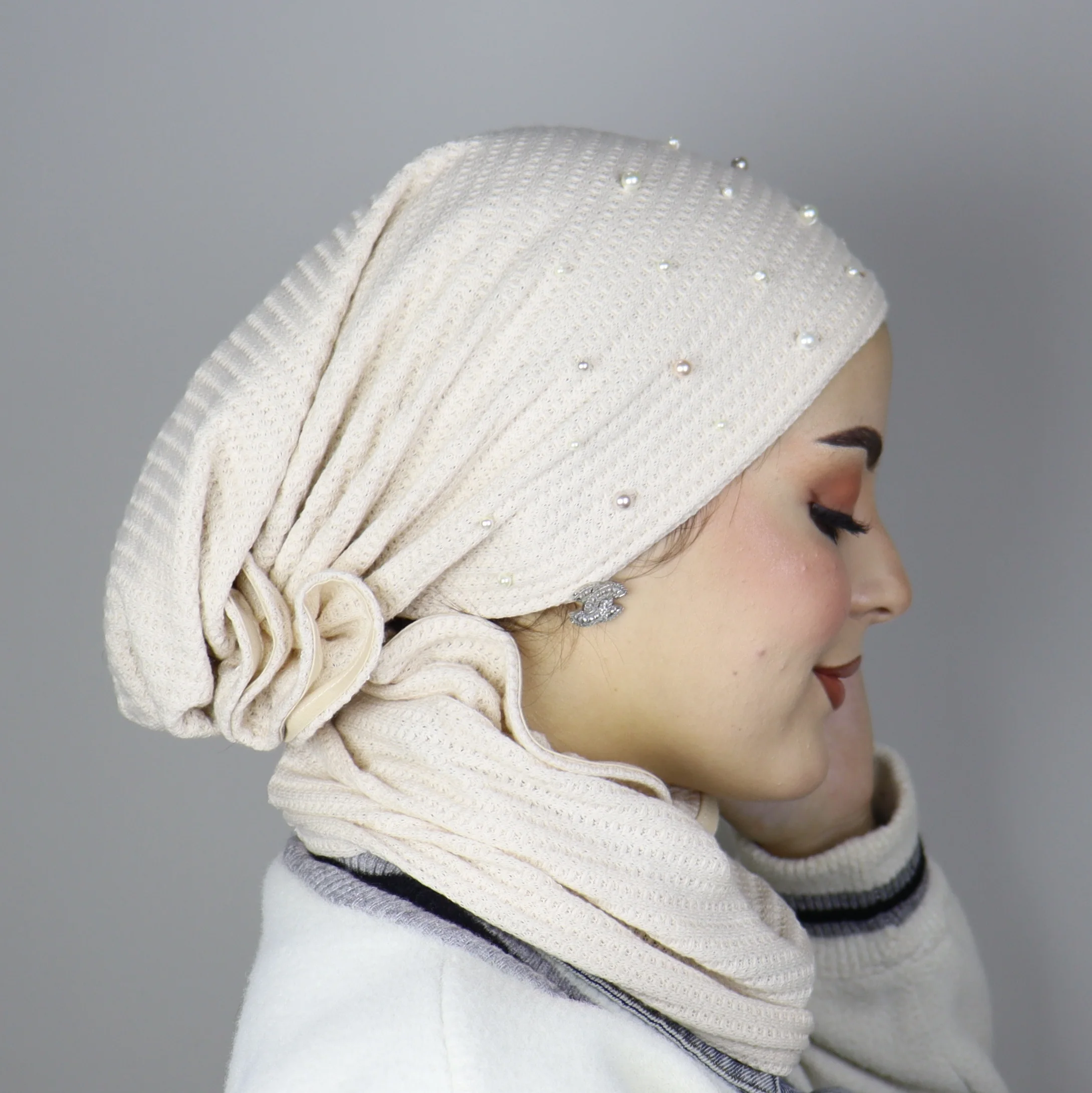 Turban Féminité perlé – Turban Femme Hiver en Tricot Doublé Coton