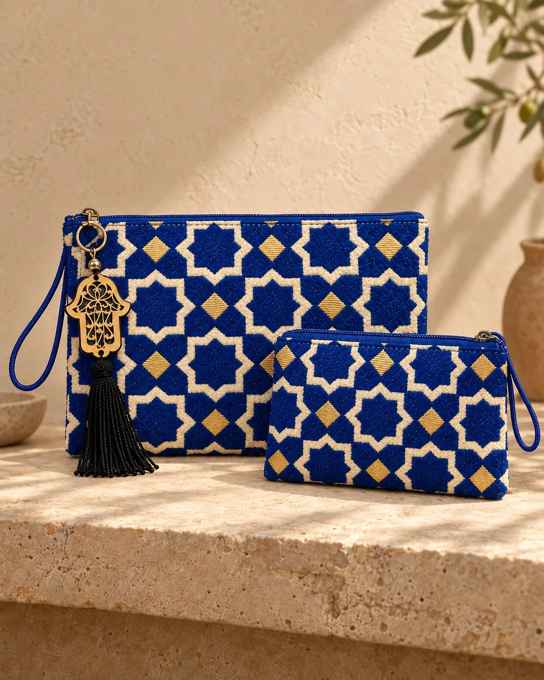 Pochette grande e piccola blu con ricami dorati