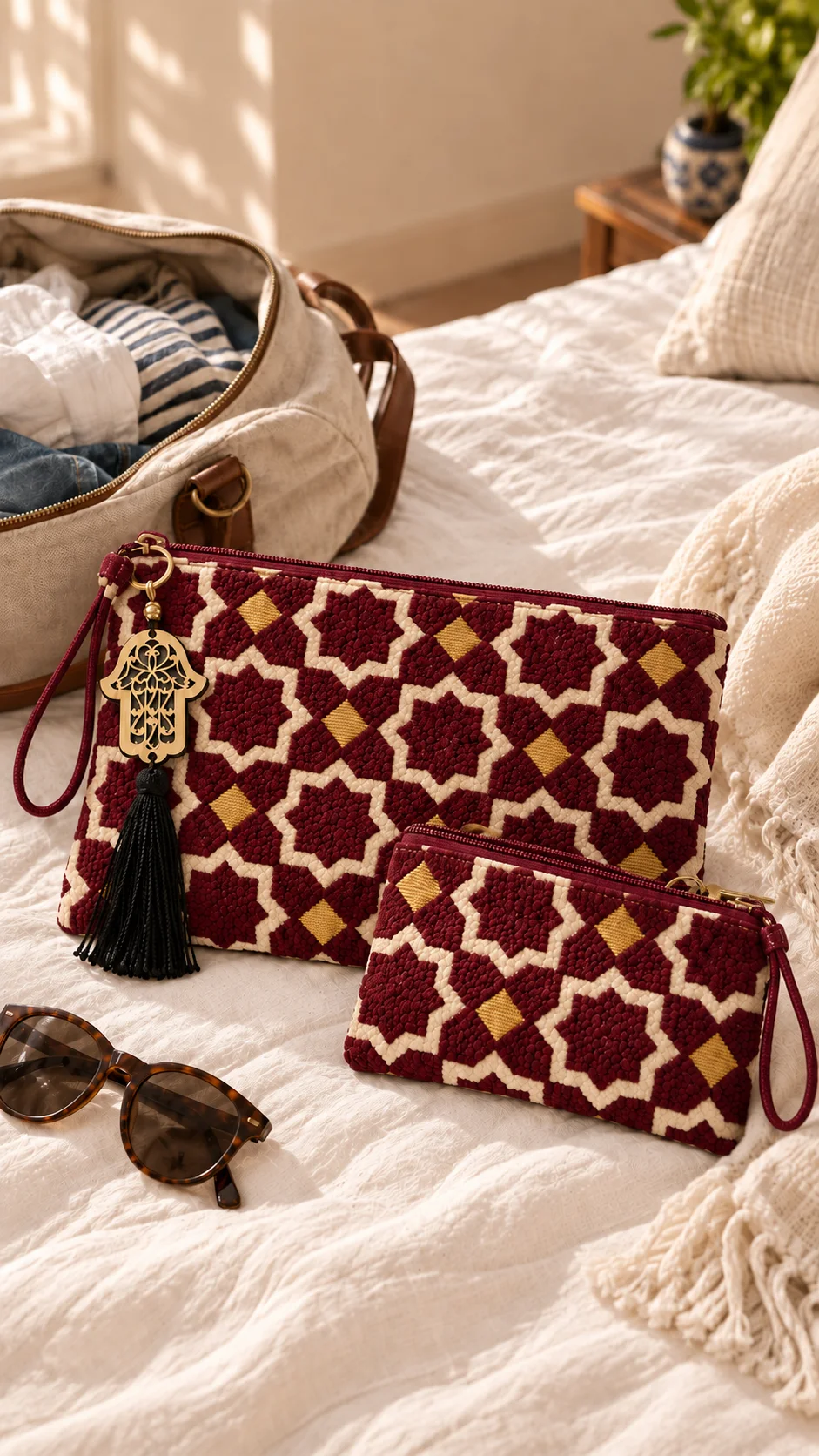 Due pochette bordeaux pronte per un viaggio