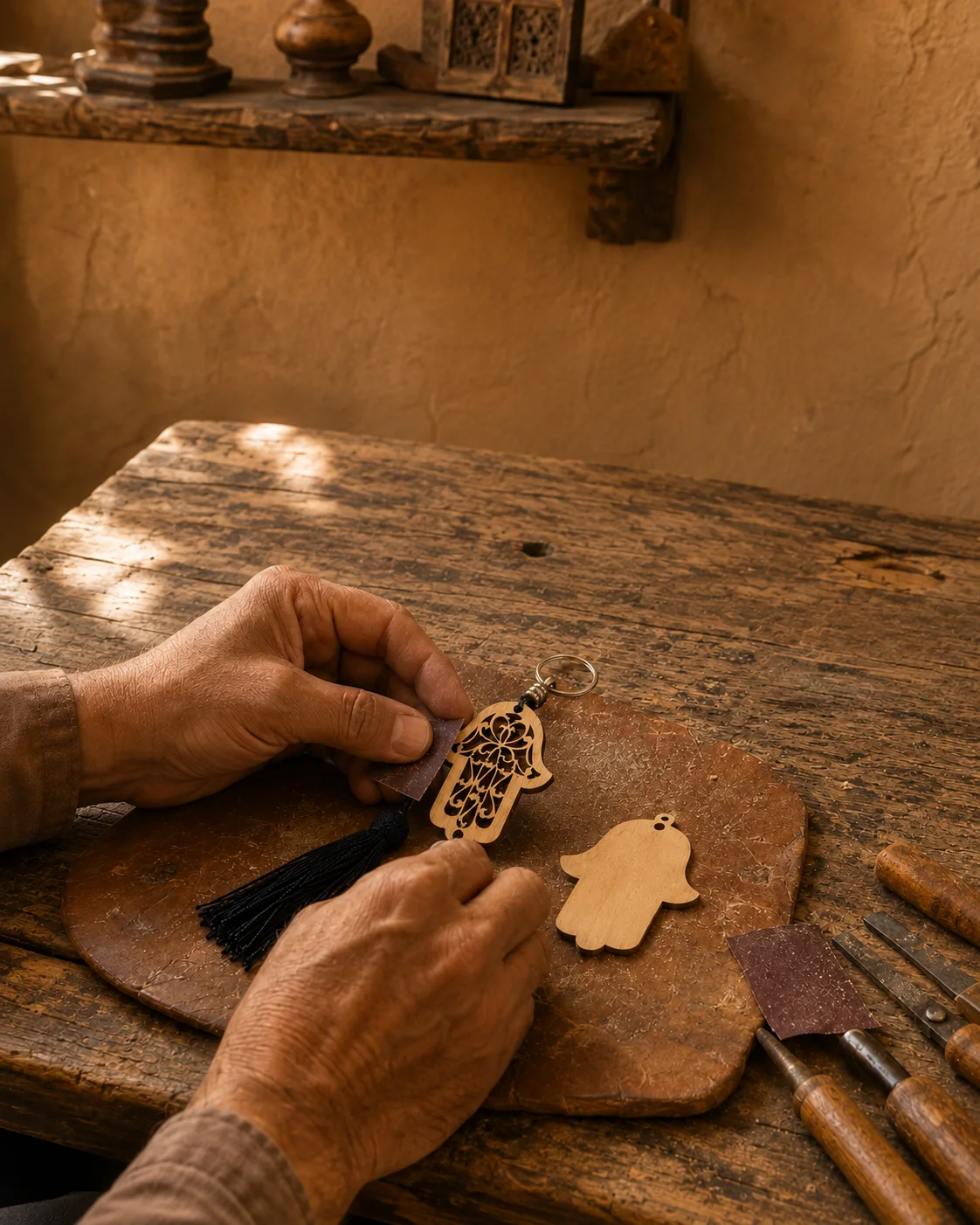 Lavorazione artigianale del charm Mano di Fatima