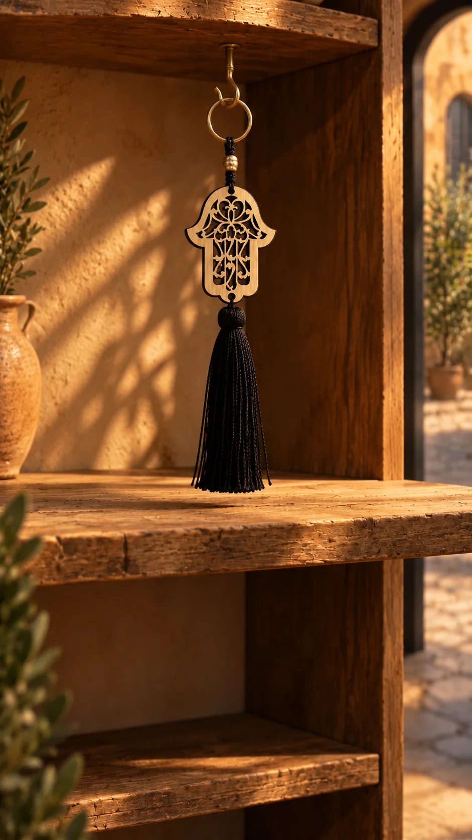 Dettaglio del charm Mano di Fatima con nappina nera