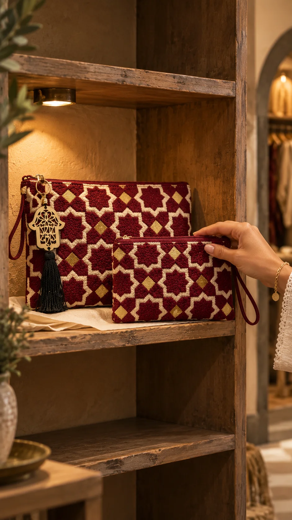 Pochette grande e piccola bordeaux su una mensola