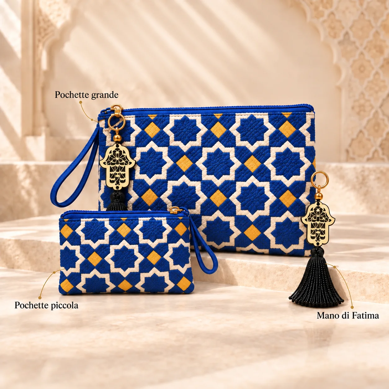 Set completo con due pochette e charm Mano di Fatima
