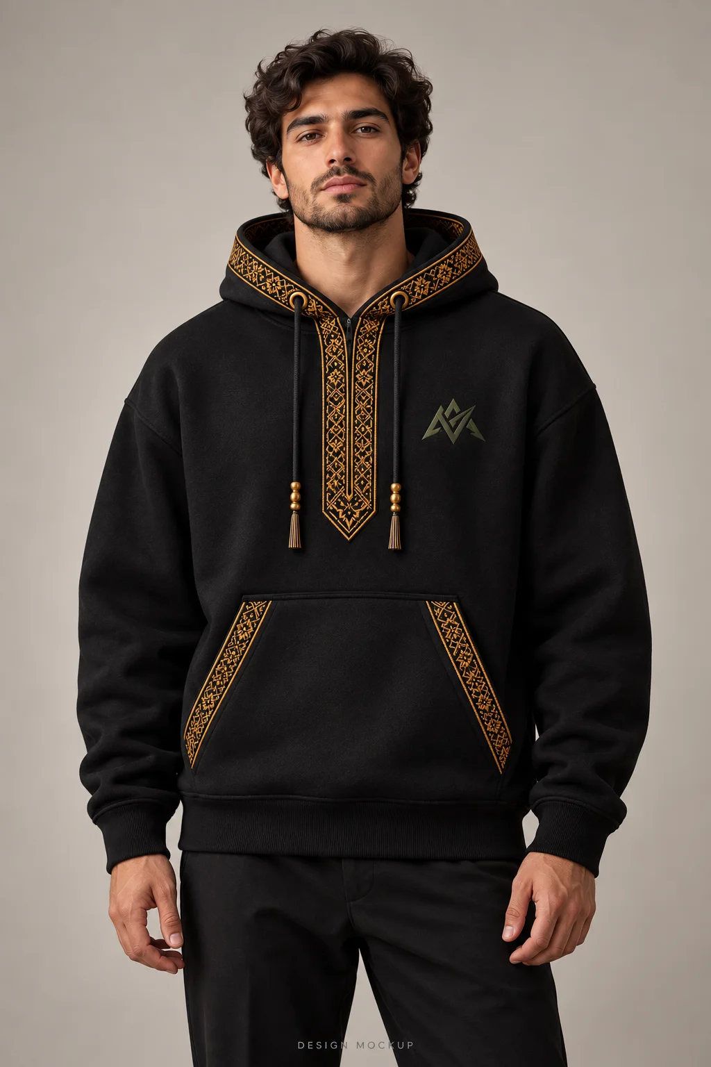 VERTEX Signature Embroidered Hoodie. Black, with gold ornamental embroidery
