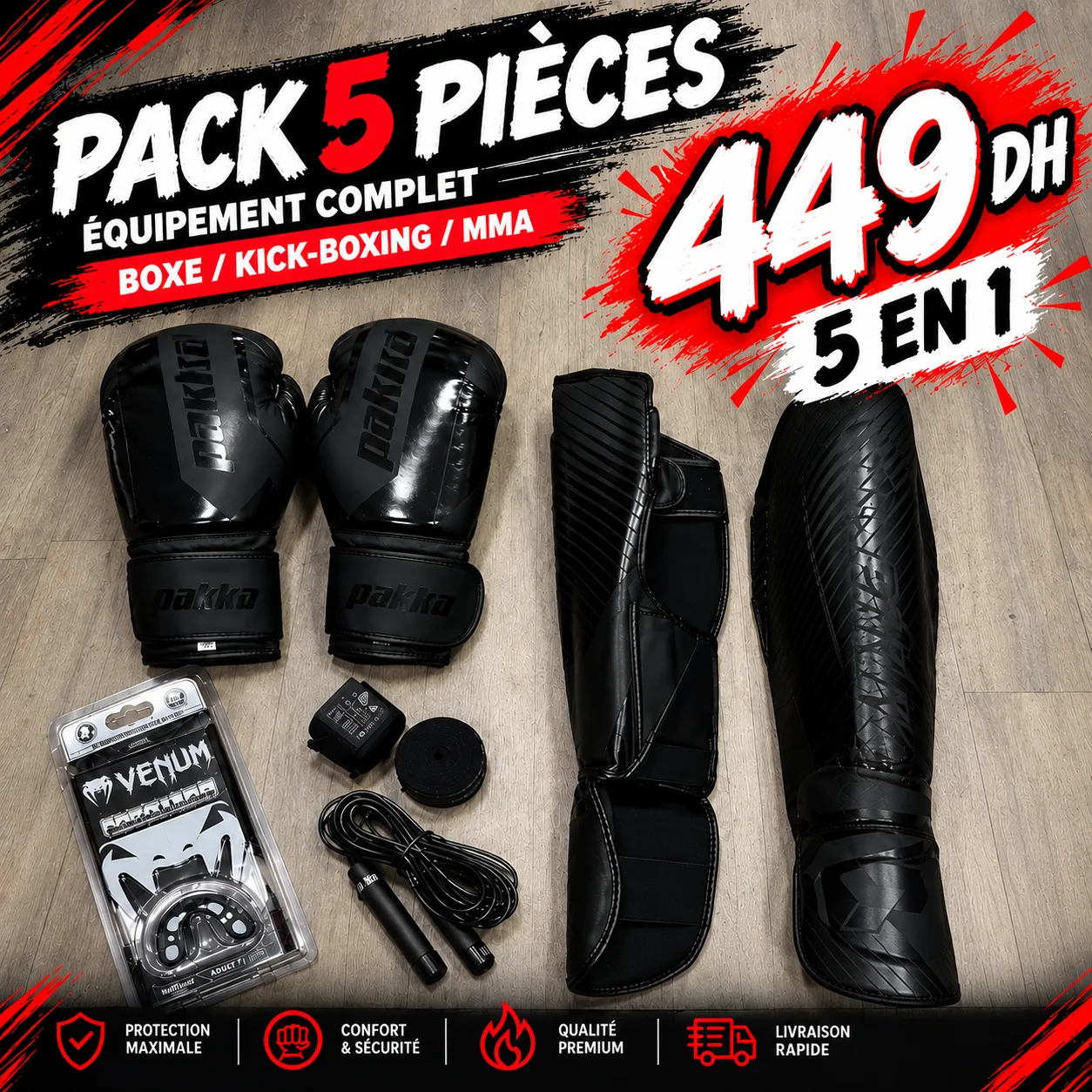 PACK BOXE 5 EN 1 – ÉQUIPEMENT COMPLET BOXE / KICK-BOXING / MMA