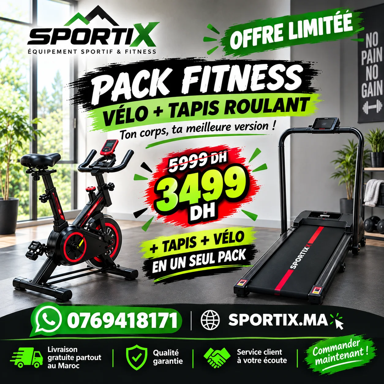 PACK FITNESS COMPLET – Vélo Spinning + Tapis de Course X-MOVE 12 KM/H