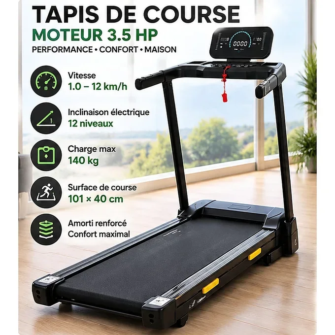 Tapis de Course Professionnel 3,5 HP – 12 km/h avec Inclinaison Électrique & Bluetooth