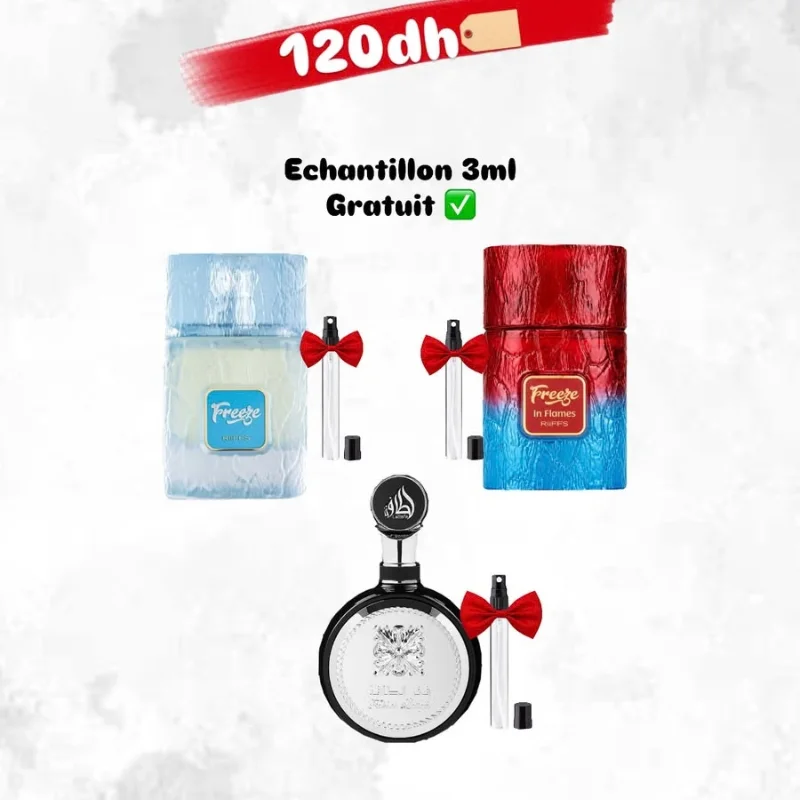 Freeze + Freeze In Flames + Fakher Lattafa Black = 120DH + Echantillon 3ml Gratuit
