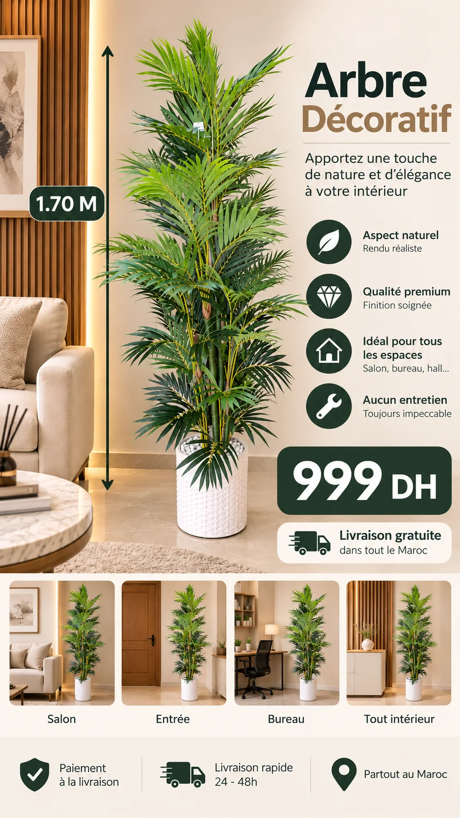 Palmier Artificiel Décoratif 1,70 m – Pot Blanc