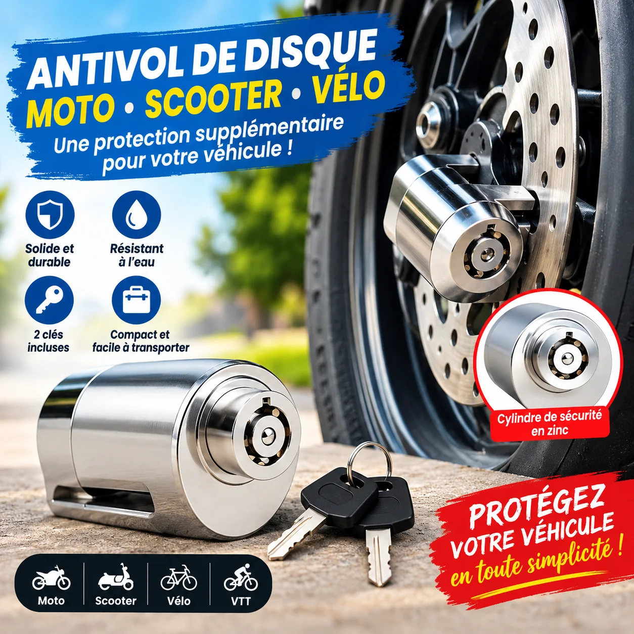 🔐 Antivol de Disque Universel – Protégez votre Moto, Scooter ou Vélo