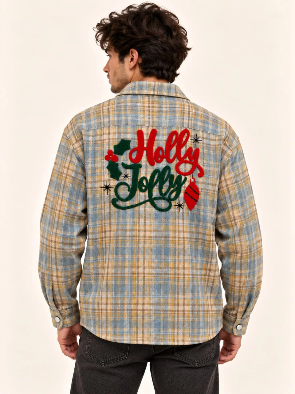blue-and-gold Holly Jolly shirt