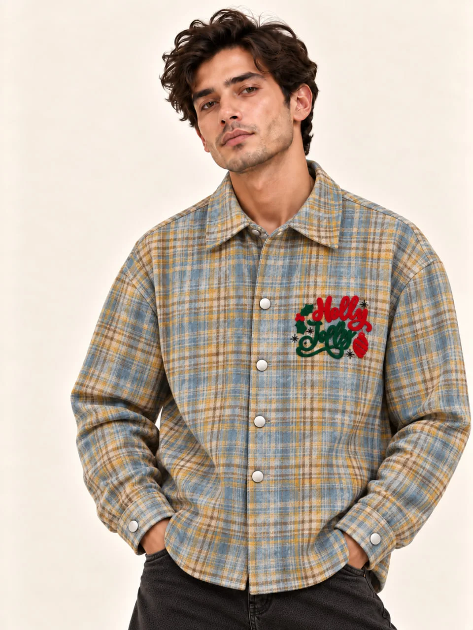 blue-and-gold Holly Jolly shirt