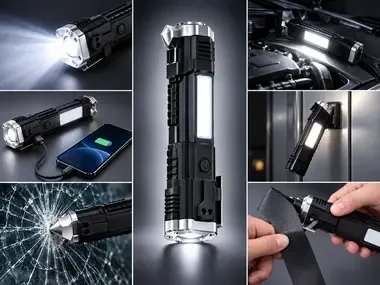 أداة ذكية متعددة الوظائف  ضو قوي، مطرقة للطوارئ، قاطعة حزام الأمان، Power Bank .