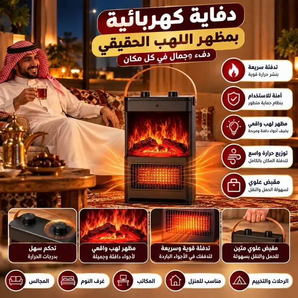 دفاية كهربائية محمولة بتأثير اللهب الواقعي (ديكور موقد نار)